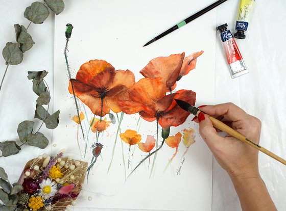 Red Poppy Flowers - ORIGINAL Watercolor Painting