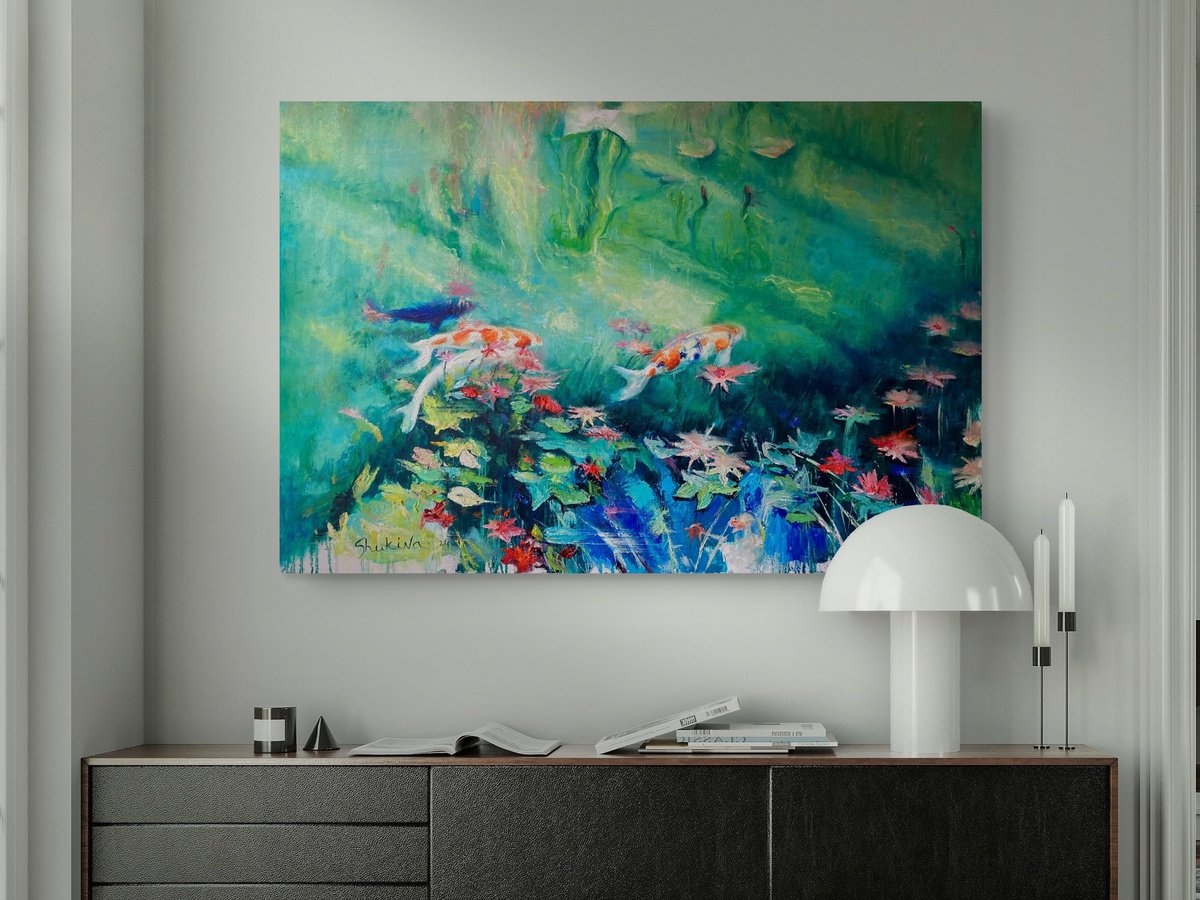 Impressionistic Landscape Oil Painting By Helen Shukina, 47 X 31, Lake In The Sunshine, Original Artwork