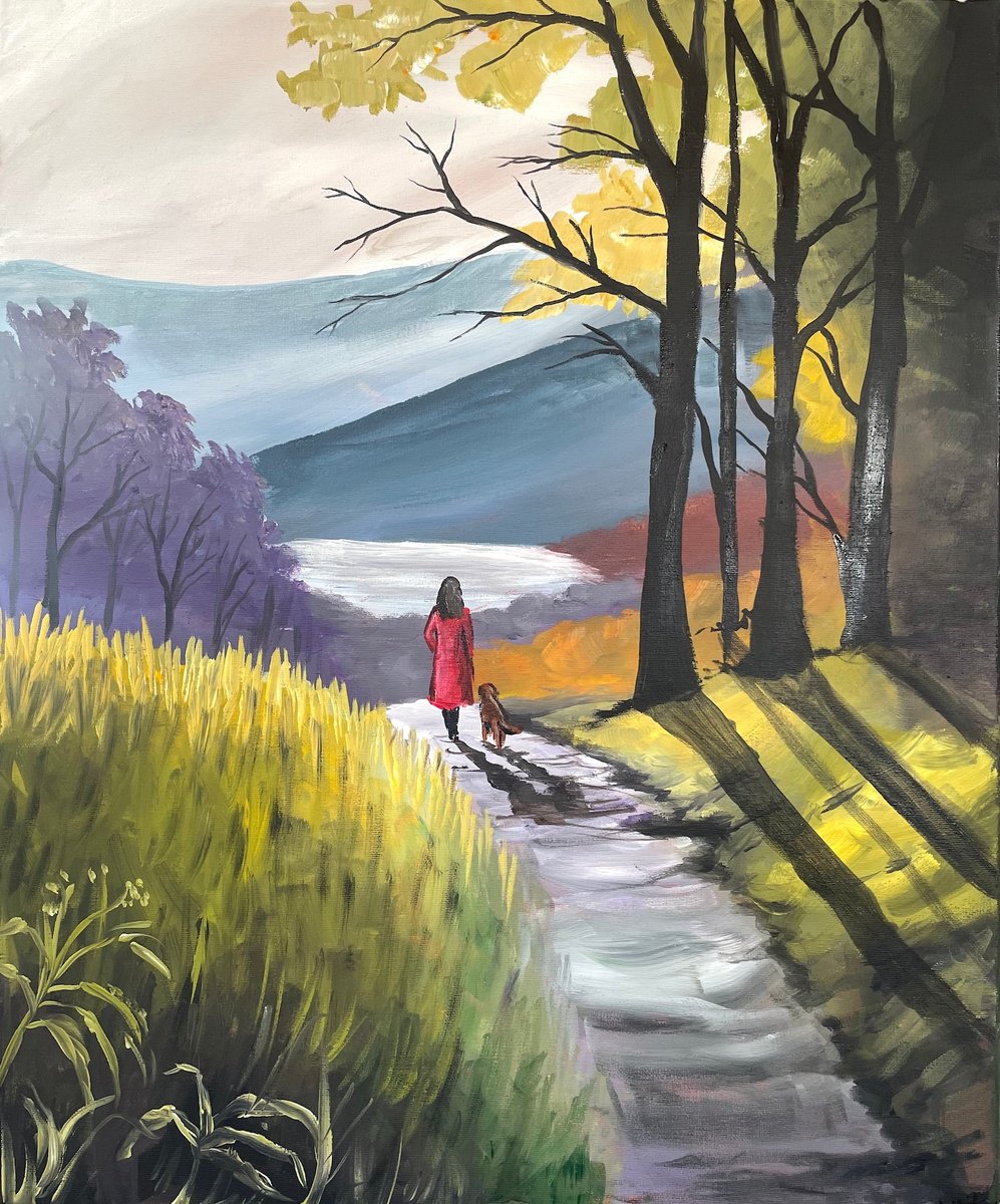 Impressionistic Landscape Acrylic Painting By Aisha Haider, 20 X 24, A Scenic Walk, Original Artwork