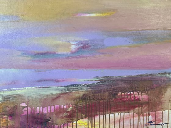 Bright horizontal painting - "Violet sunset" - Landscape - Expressionism - Seascape - Sunset