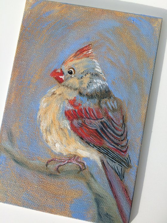 Bird portrait of a cardinal female - Framed shelf painting - Gift idea for bird lover