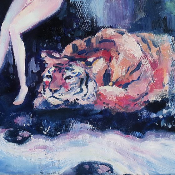 Oil painting Girl and tiger