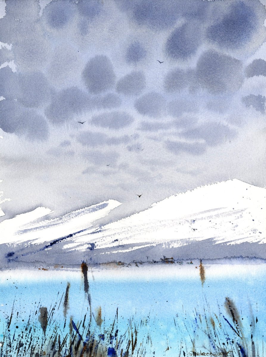 Impressionistic Watercolour , Blue Lake In The Mountains By Eugenia Gorbacheva, 9 X 12, Artwork For Sale On Artfinder