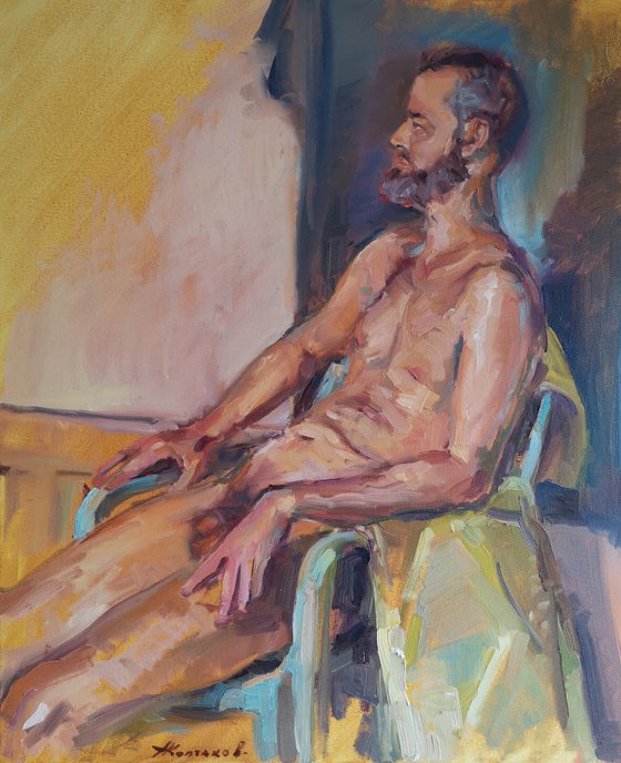 Male nude study, original, one of a kind, oil on canvas portrait