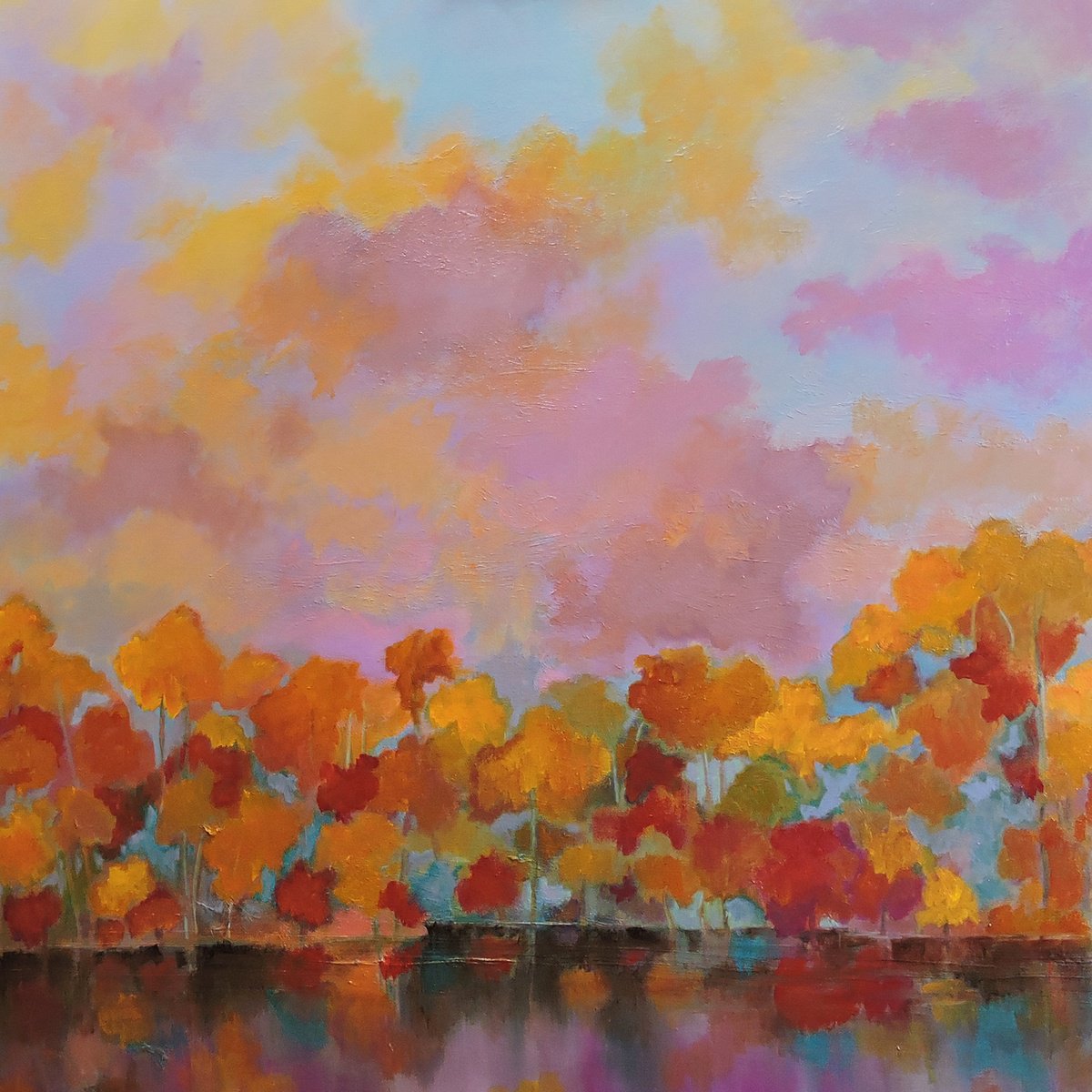 Impressionistic Landscape Oil Painting By Veta Barker, 36 X 36", Autumn Comes Incognito., Original Artwork