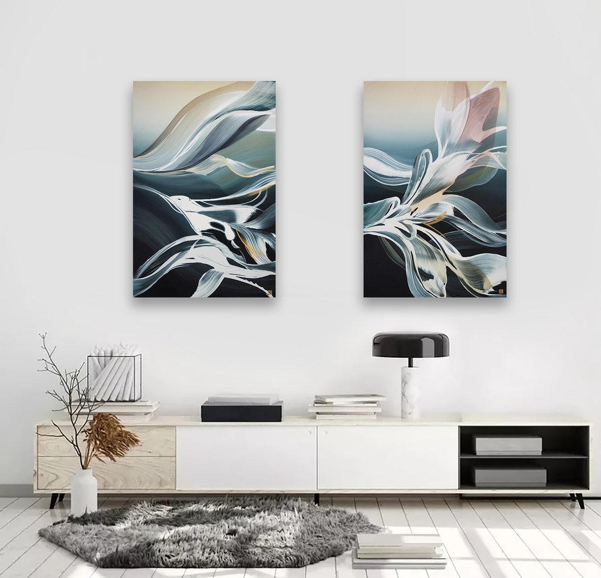 Abstract Acrylic Painting By Novi Lim, 24 X 36", The Flower And The Emerald Sea, Original Artwork