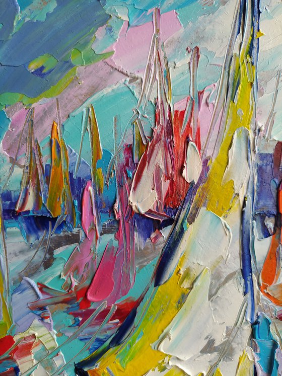 Expressive yachts - yacht, oil painting, yacht club, seascape, sea with yachts, yacht original painting, gift, impressionism, palette knife