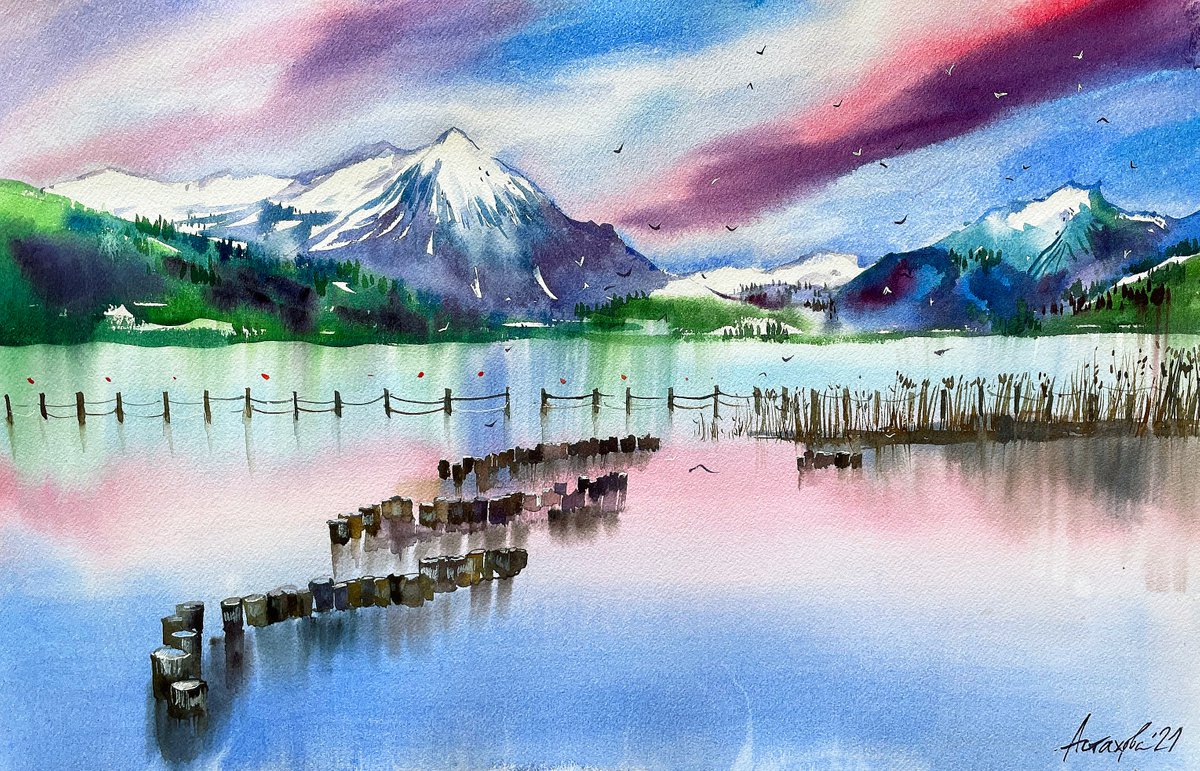 Impressionistic Landscape Watercolour By Ksenia Astakhova, 22 X 15", Sunset In Merligen, Original Artwork