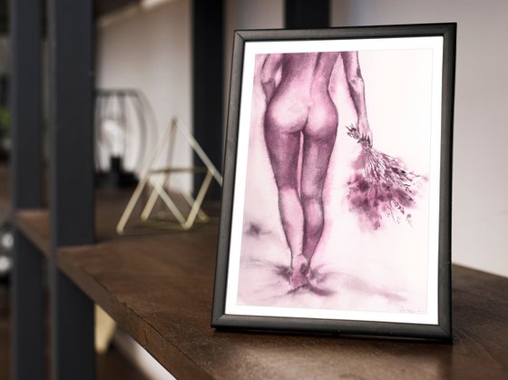 Nude sensual girl watercolor painting "Promenade"