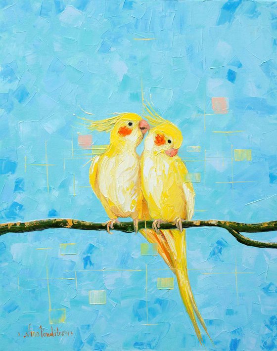 Cockatiels birds - original oil painting