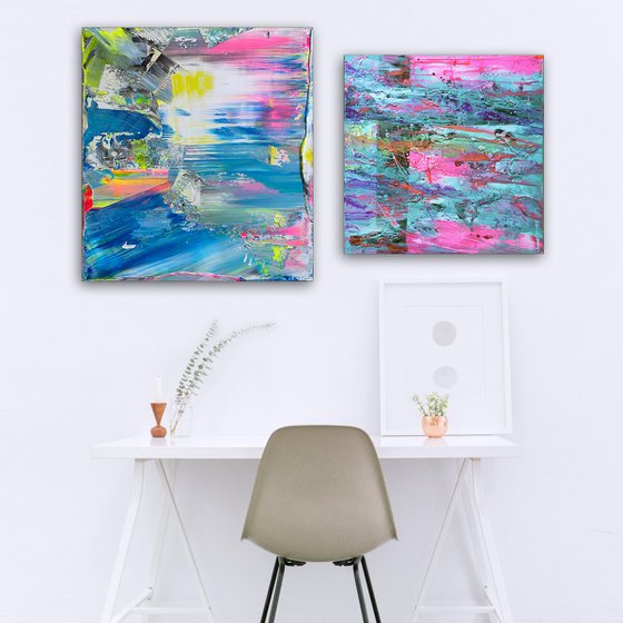 "I'm Rubber You're Glue" - Original PMS Abstract Acrylic Painting Diptych on Canvas and Wooden Panel - 44" x 27"