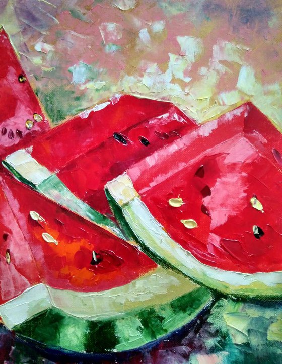 Sugar watermelon, Watermelon Painting Still Life Original Art on Canvas Tropical Fruit Art Abstract Artwork 40*40 cm.