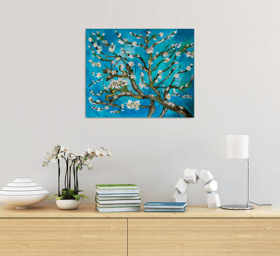 Almond blossom on turquoise inspired by Vincent Van Gogh oil painting ready to hang