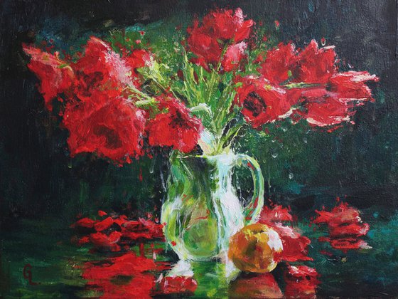 Poppies in a glass vase. 40x30. ORIGINAL OIL PAINTING, GIFT