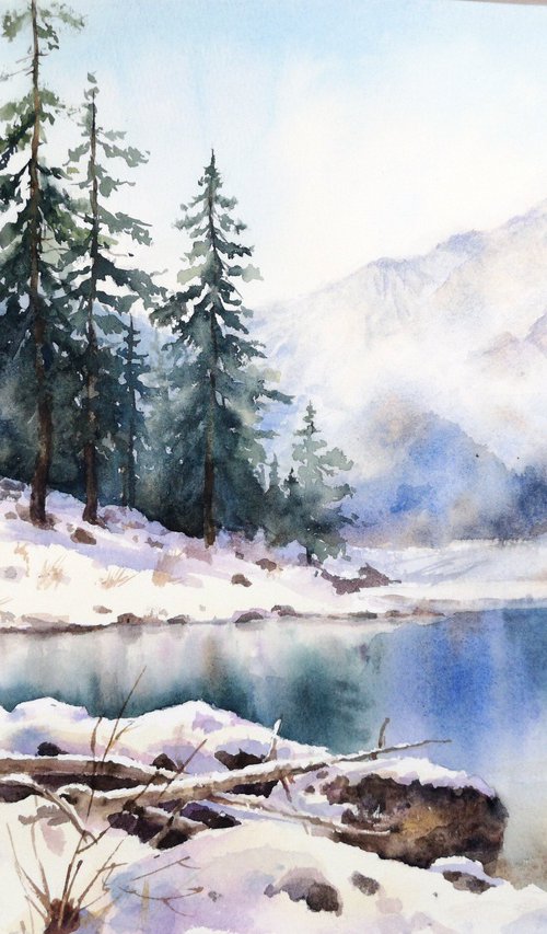 Winter Silence by the Mountain River by Olga Beliaeva Watercolour