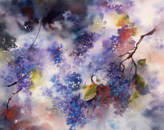 Lilac Flowers Semi Abstract Watercolor Painting