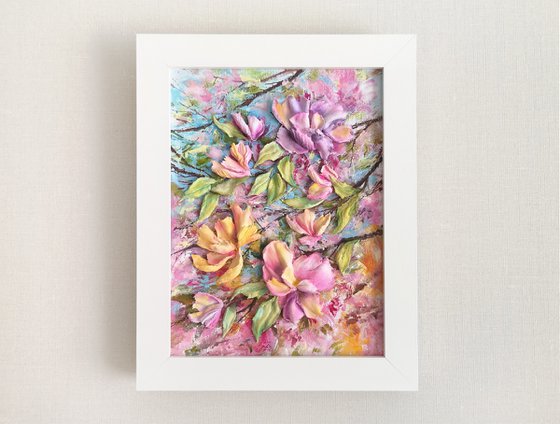 Magnolia flowers sculpture art, small relief floral painting