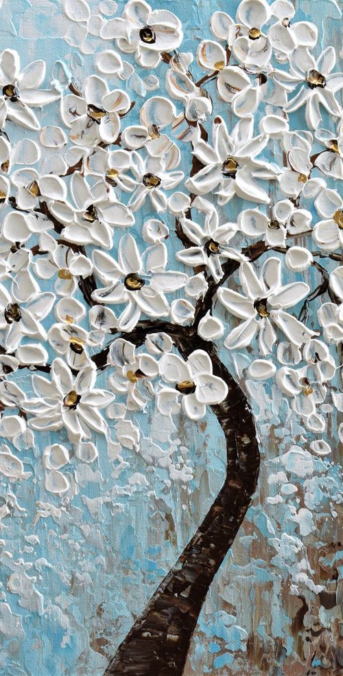 White Blossom Tree -Impasto Floral Painting by Olga Tkachyk