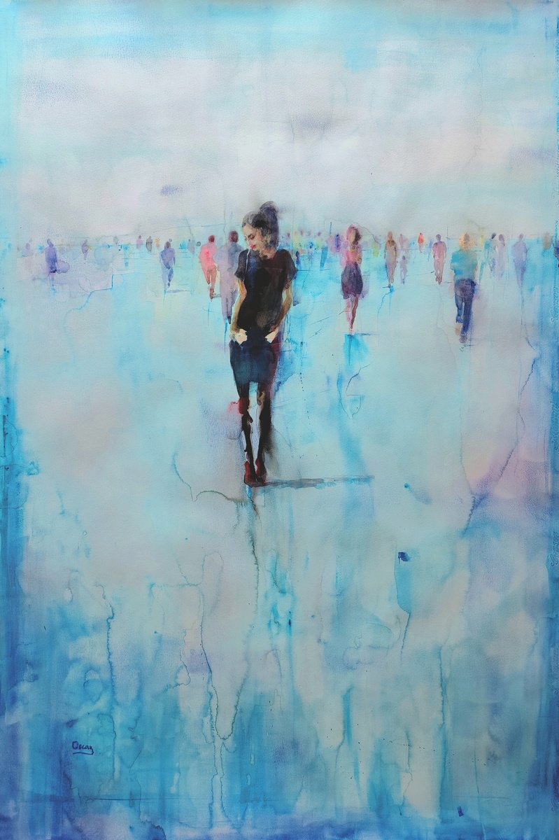 Impressionistic Portrait Watercolour By Oscar Alvarez Pardo, 29 X 43", Walks Through The Sky -36, Original Artwork