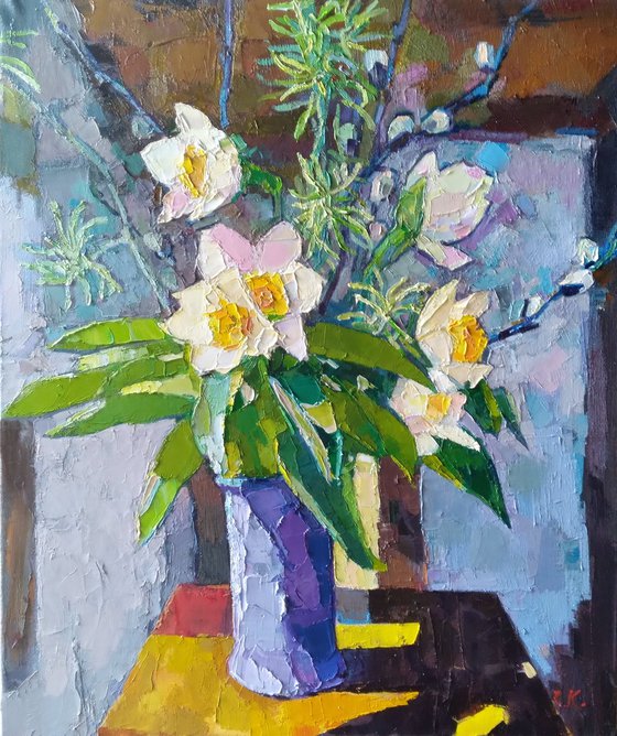 STILL LIFE WITH DAFFODILS AND PUSSY WILLOW . LARGE