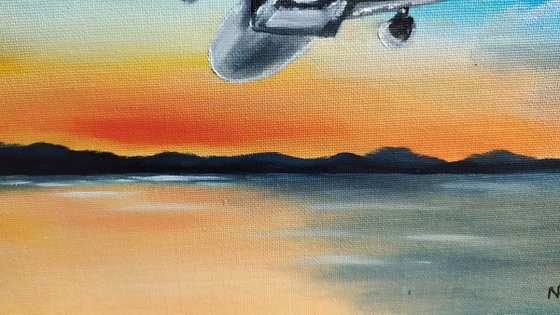 First flight, sky plane oil painting, Gift, impressionistic work