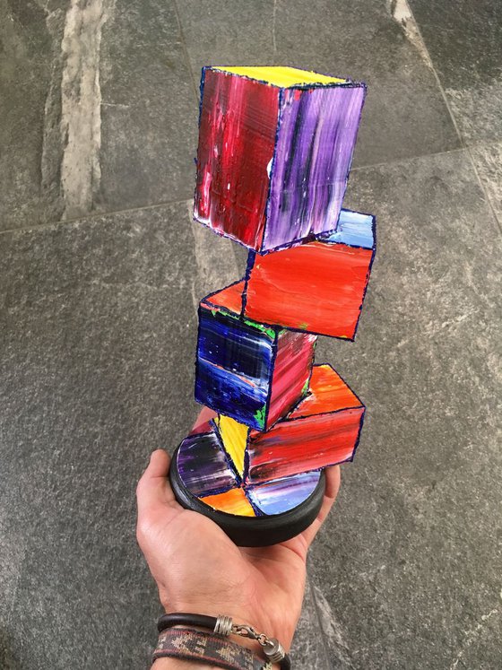 "Blocked Up" - Original PMS Painted Geometrical Wooden Sculpture - 4 x 11 x 4 inches