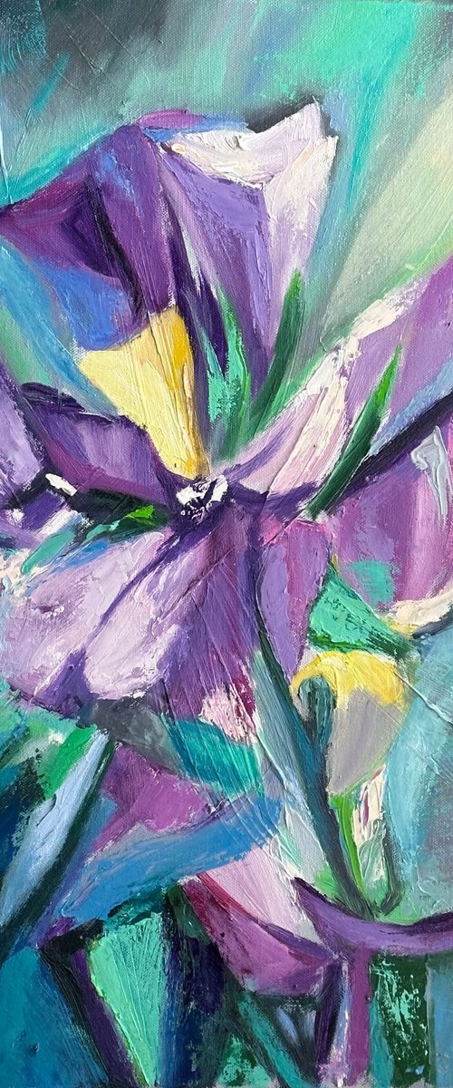 Violet Irises in Emerald Greens - 2 of 2 by Olga McNamara
