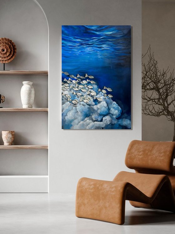 Surreal Ocean Painting with Vintage Lace Fish