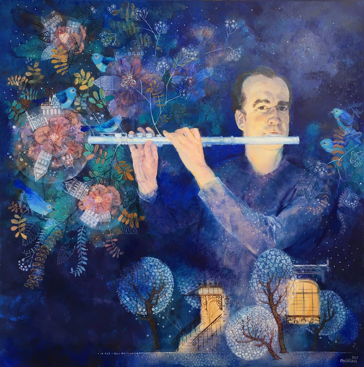 Surrealistic Portrait Acrylic Painting By Olga Kataeva-Rochford, 31 X 31", Fairytale. Dream Blower, Original Artwork