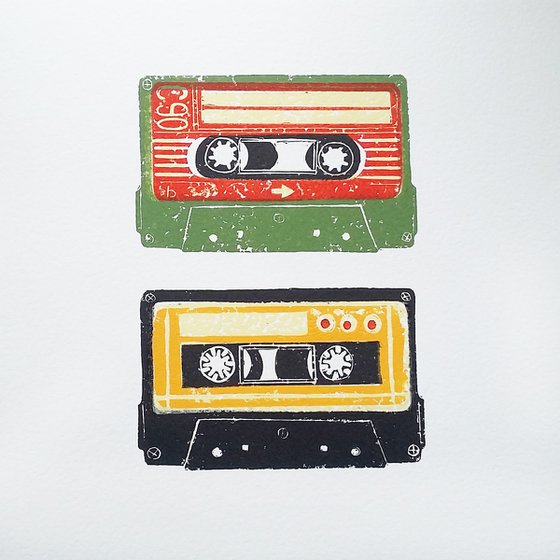 Linocut tapes duo #6 (cassette tapes, retro music, 70's, 80's rock culture)