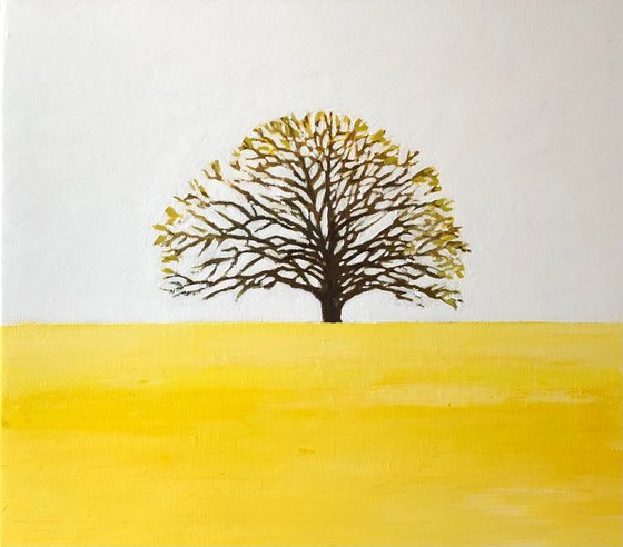 Lonely tree in yellow field, minimalist oil painting, tree of life