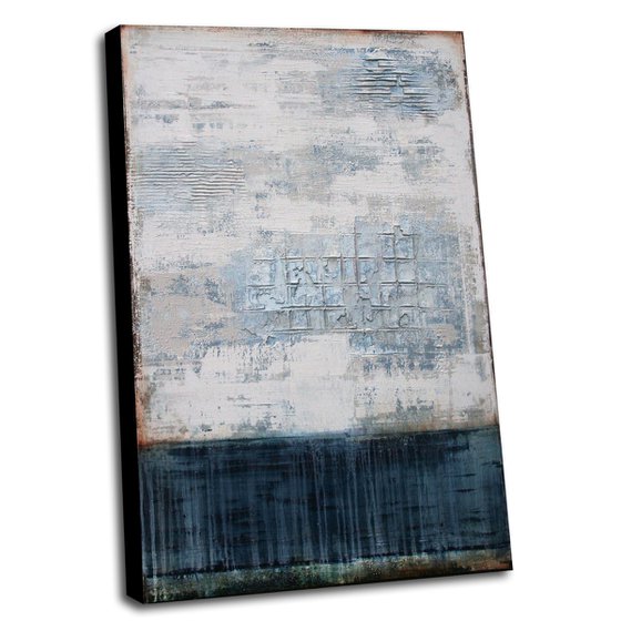 NOCTURNAL NOISES - 120 X 80 CMS - ABSTRACT PAINTING TEXTURED * WHITE * BLUE * VINTAGE