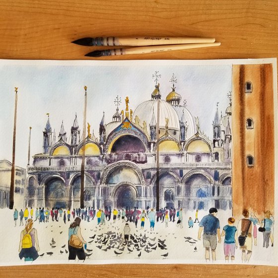 Saint Mark's Basilica in Venice (Basilica di San Marco) Original Watercolor Painting on Cold Press Paper 300 g/m or 140 lb/m. Cityscape Painting. Wall Art. 11" x 15". 27.9 x 38.1 cm. Unframed and unmatted.