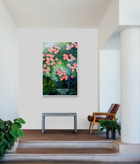 Pink flowers on the tree. Original oil painting on canvas. Extra large oil painting