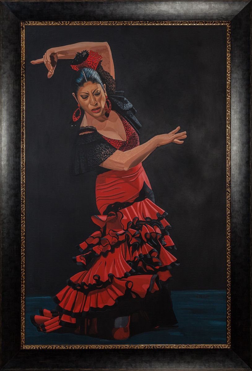 Photorealistic Portrait Oil Painting By Caroline Millott, 35 X 52, Flamenco Passion, Original Artwork