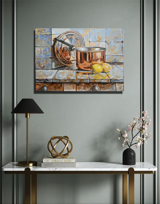 Simple joy. Copper pot and lemons.