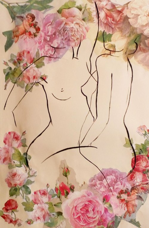 Double Nude and Roses 1 by Annette Martin