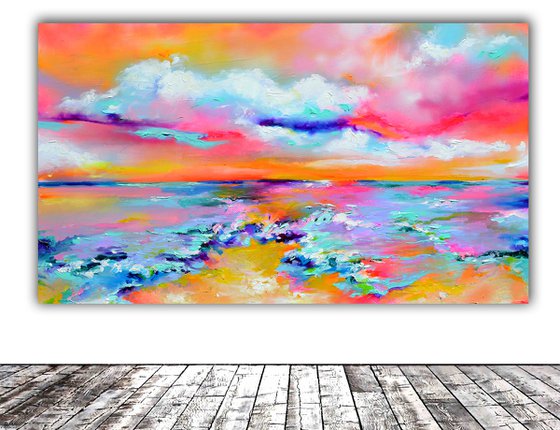 New Horizon 137 - 140x80 cm, Colourful Painting, Colourful Sunset Painting, Impressionistic Colorful Painting, Large Modern Ready to Hang Abstract Landscape, Pink Sunset, Sunrise, Ocean Shore