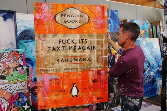 Fuck It's Tax Time 140cm x 100cm Orange Book Page Urban Pop Art