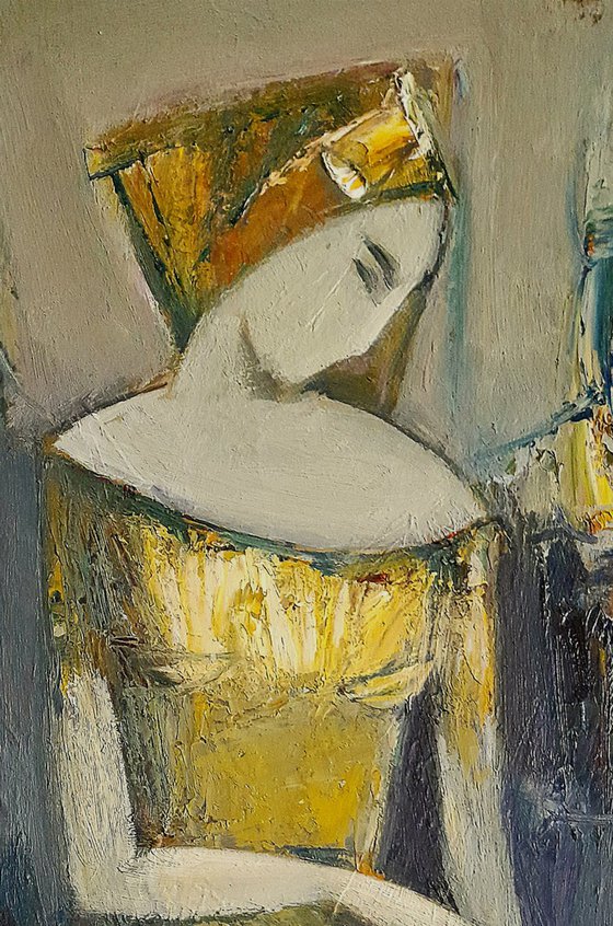 GIRL WITH YELLOW BALL (42x58cm, oil/canvas, abstract portrait)