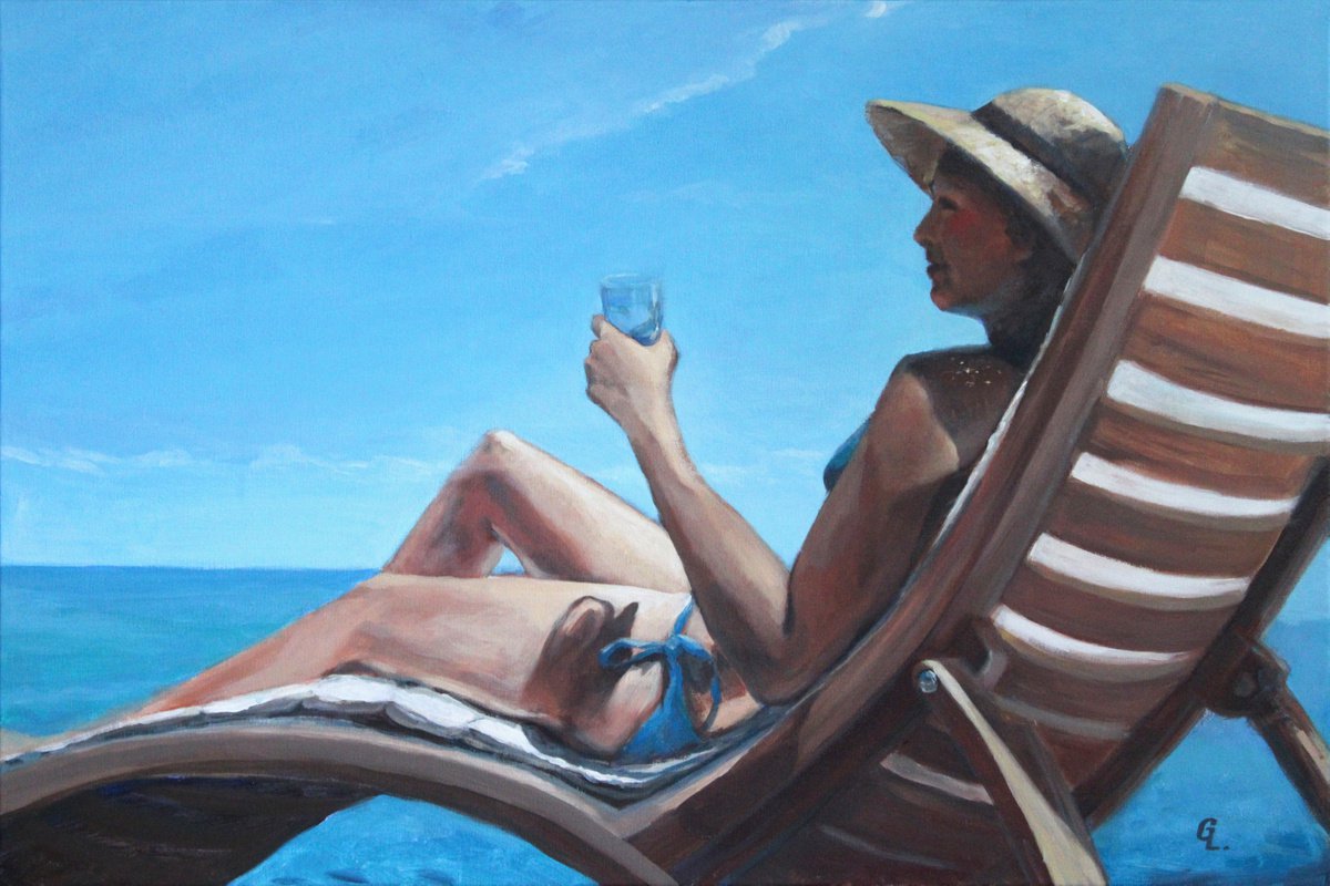 Lady with a hat on blue ... ORIGINAL PAINTING. SEA SUMMER GIFT SEA SWIMMING by Linar Ganeev