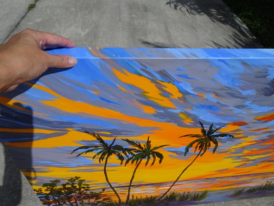 OCEAN SUNSET. Contemporary Florida Sunset Painting in Bold Orange, Purple, Yellow Colors