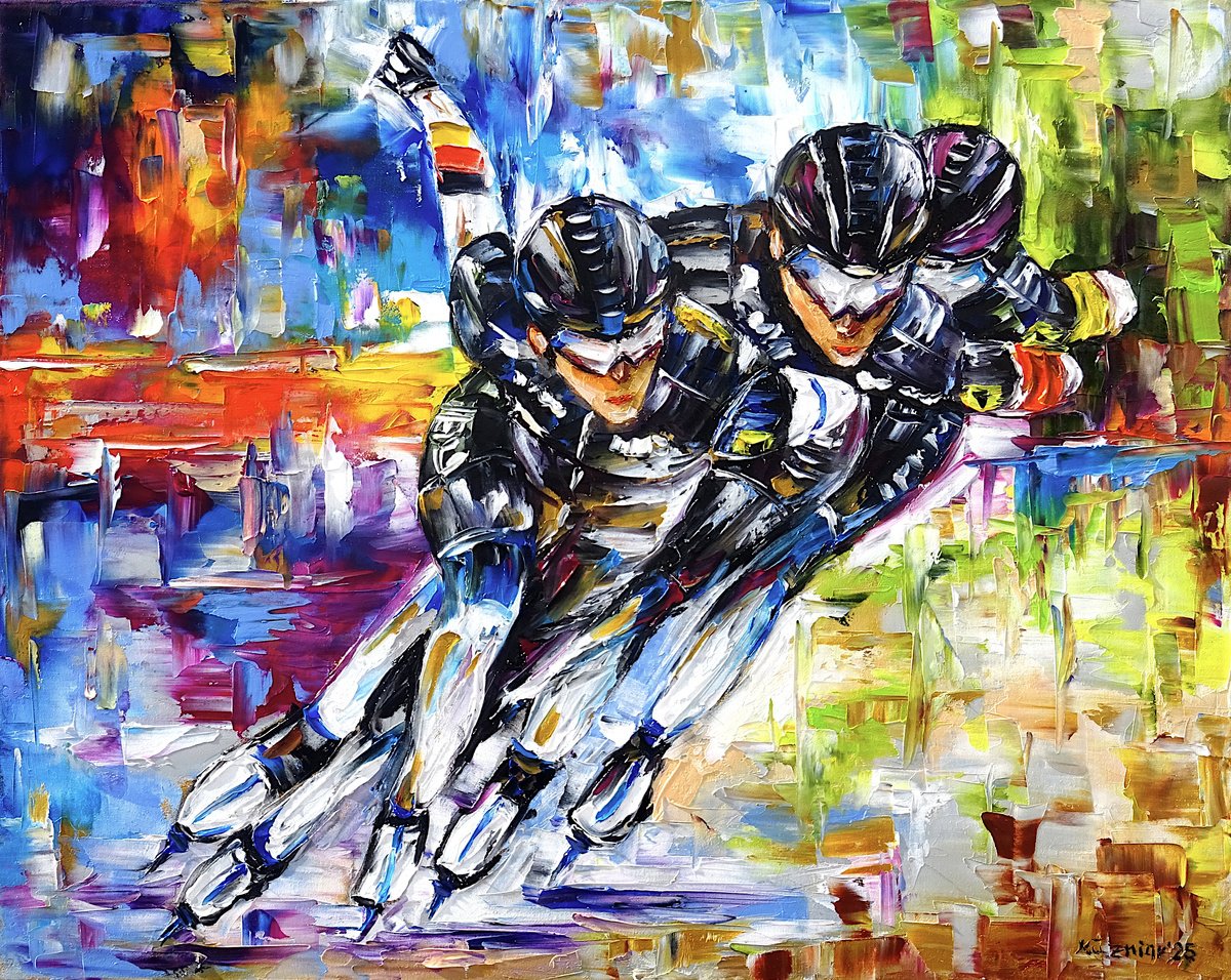 Expressive Oil Painting , Speed Skaters By Mirek Kuzniar, 20 X 16, Artwork For Sale On Artfinder