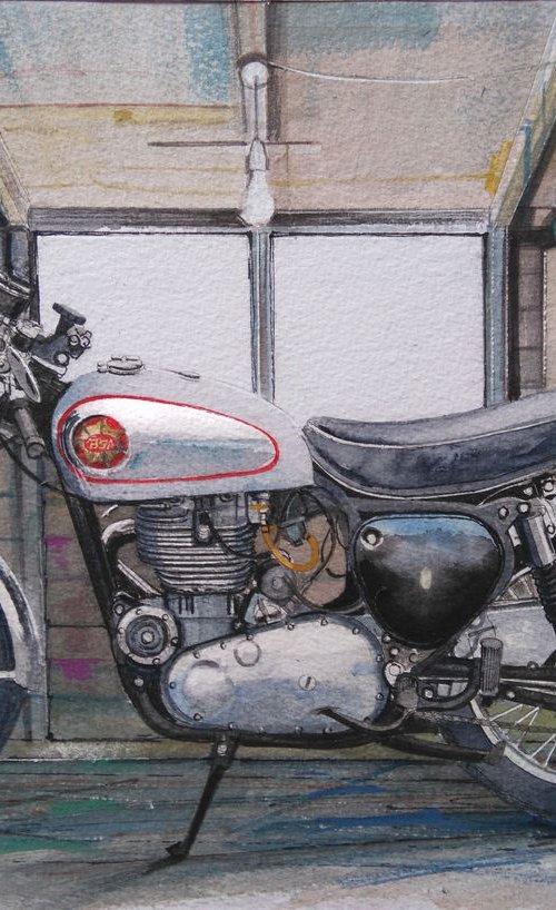SOLD An old Motorbike in a Shed by John Lowerson