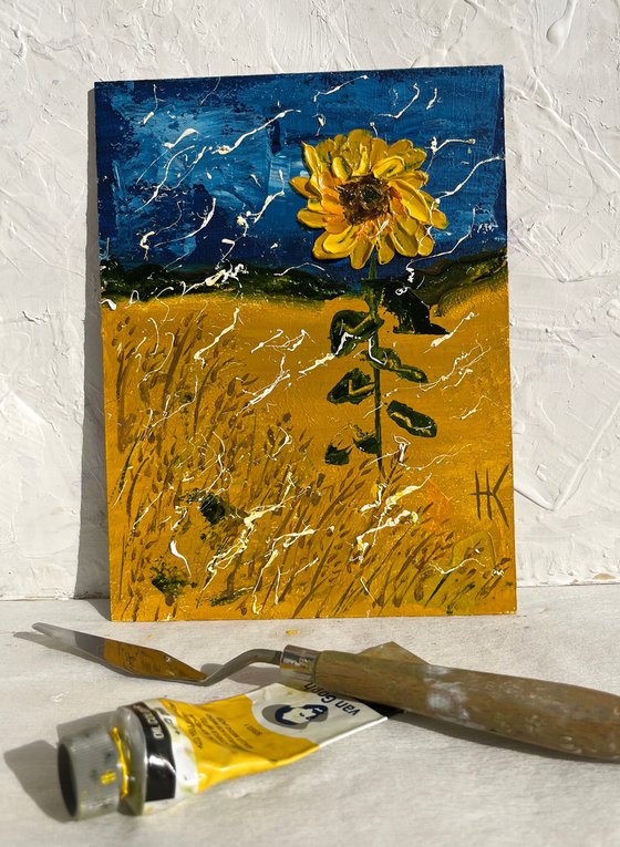 Sunflower Painting Floral Original Art Wheat Field Small Oil Impasto Flower Artwork Home Wall Art 6 by 8" by Halyna Kirichenko