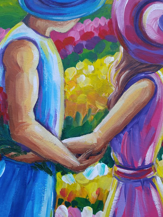 Love story - peace, acrylic painting, tulips, love, lovers, girl, woman, flowers, tulips field