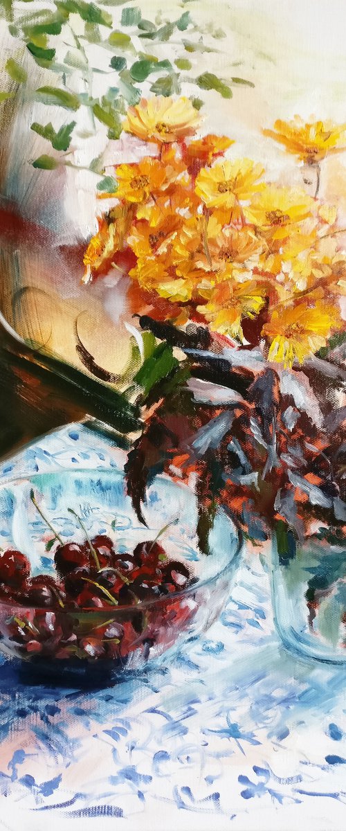 Still life with basil and cherries by Leonid Plekhanov