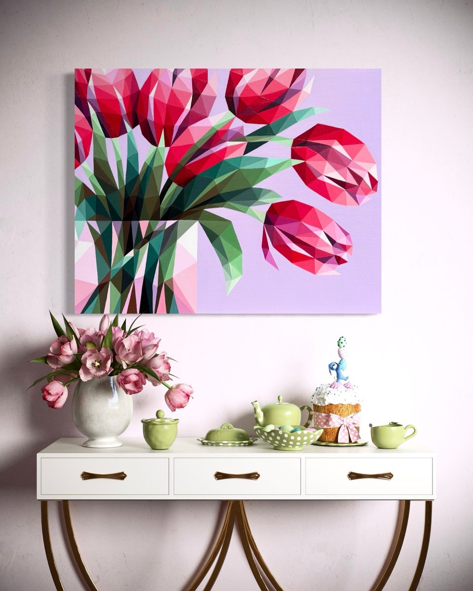 Geometric Still Life Acrylic Painting By Maria Tuzhilkina, 20 X 16", Red Tulips In A Vase, Original Artwork