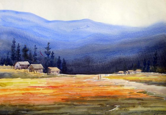 Flowers Valley & Mountain-Watercolor on Paper painting