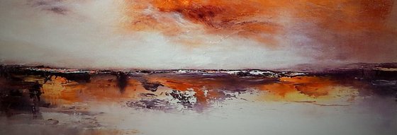 "The sun’s fiery kiss to the night." gold, brown abstract seascape
